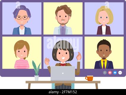 A set of schoolgirl having an online meeting with multiple people. Front angle.It's vector art so easy to edit. Stock Vector