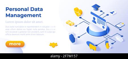 PERSONAL DATA MANAGEMENT - Isometric Design in Trendy Colors Isometrical Icons on Blue Background. Banner Layout Template for Website Development Stock Vector