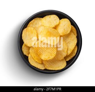 Ridged potato chips isolated on white background, top view Stock Photo