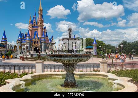 Orlando, Florida. August 04, 2020. Beautiful view of Cinderella Castle at Magic Kingdom (399) Stock Photo