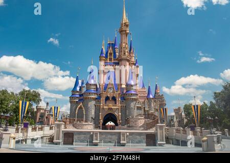 Orlando, Florida. August 04, 2020. Panoramic view of Cinderella Castle at Magic Kingdom (237) Stock Photo
