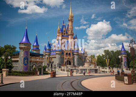 Orlando, Florida. August 04, 2020. Panoramic view of Cinderella Castle at Magic Kingdom (345) Stock Photo