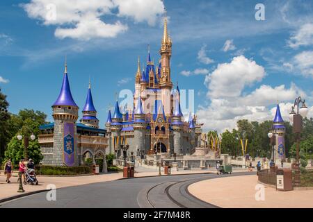 Orlando, Florida. August 04, 2020. Panoramic view of Cinderella Castle at Magic Kingdom (347) Stock Photo