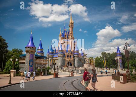 Orlando, Florida. August 04, 2020. Panoramic view of Cinderella Castle at Magic Kingdom (347) Stock Photo