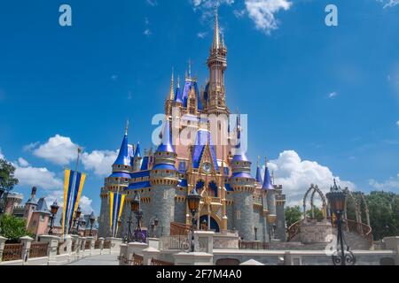 Orlando, Florida. August 04, 2020. Partial view of Cinderella Castle at Magic Kingdom (381) Stock Photo