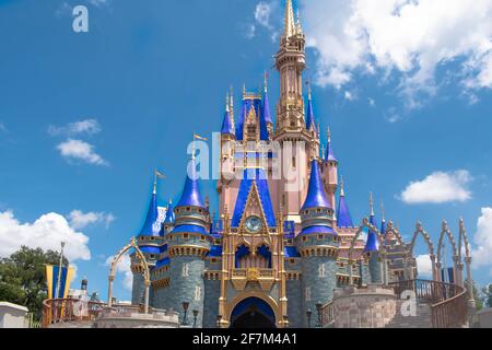 Orlando, Florida. August 04, 2020. Partial view of Cinderella Castle at Magic Kingdom (382) Stock Photo