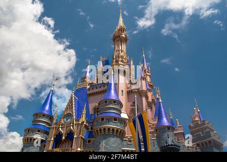 Orlando, Florida. August 04, 2020. Partial view of Cinderella Castle at Magic Kingdom (390) Stock Photo