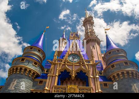 Orlando, Florida. August 04, 2020. Partial view of Cinderella Castle at Magic Kingdom (390) Stock Photo