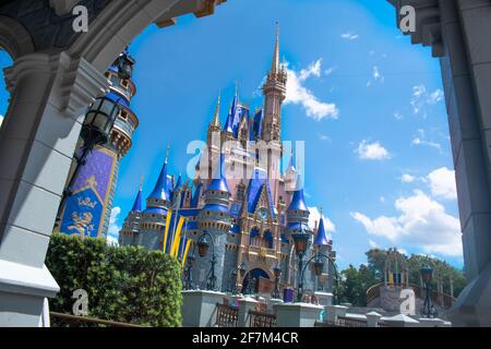 Orlando, Florida. August 04, 2020. Partial view of Cinderella Castle at Magic Kingdom (393) Stock Photo