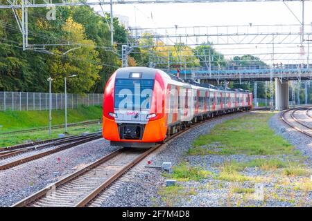 Electric locomotive Moscow central railway circle - MCC, called Lastochka rzd Russia railway roads. Russia, Moscow , 01 september 2019 Stock Photo