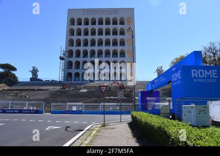 Rome, Italy, 8 April, 2021 The Palace of the Italian Civilization of the EUR located within the Formula E city circuit scheduled for next weekend in R Stock Photo