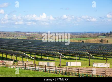 A solar array of solar panels in a solar photovoltaic (PV) energy system solar farm uk East Midlands GB UK Europe Stock Photo