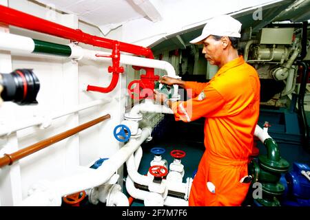 salvador, bahia / brazil - october 1, 2014: Engine room of the Dorival Caymmi Ferry Boat. The vessel transports passengers and vehicles on the Salvado Stock Photo