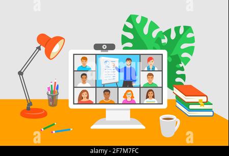 Virtual class online distance learning teleconference. Young students stay home watching teacher video call. Remote education during coronavirus pande Stock Vector