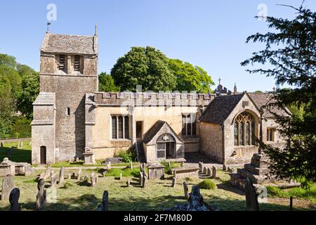 The early 12th-century church of All Saints in the Cotswold village of North Cerney, Gloucestershire UK Stock Photo