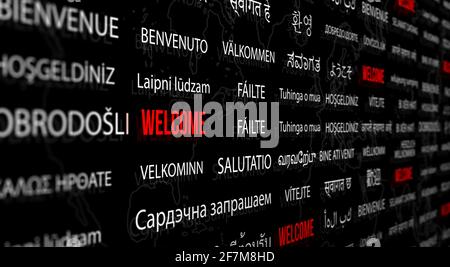 Welcome in different language with world map background. Depth of field image. Words cloud concept. Stock Photo