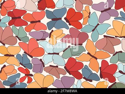Illustration background or backdrop with many hand drawn colorful abstract butterflies. Trendy art wallpaper with beautiful flying butterflies Stock Vector