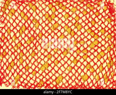 Contemporary abstract art illustration. Red plaid meshy texture and yellow color paint drops. Colorful background expressive impressionist modern painting banner postcard poster. Grungy paper texture Stock Photo