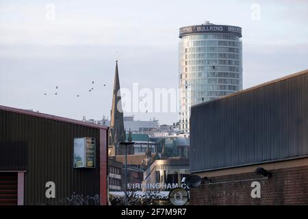 View looking towards the iconic Rotunda building across Digbeth, towards the city centre on 7th January 2021 in Birmingham, United Kingdom. Birmingham is undergoing a massive transformation called the Big City Plan which involves the controversial regeneration of the city centre as well as a secondary zone reaching out further. The Big City Plan is the most ambitious, far-reaching development project being undertaken in the UK. The aim for Birmingham City Council is to create a world-class city centre by planning for the next 20 years of transformation. Stock Photo