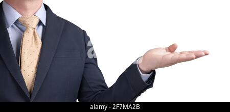 man with his palm up over white background. businessman hand holding empty space for your text or design. Open palm hand gesture of male hand. isolate Stock Photo