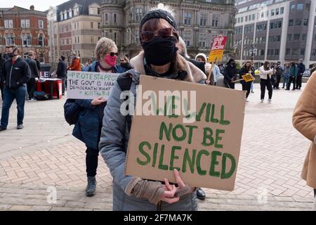 Protesters gather holding placards in the city centre at the Kill the Bill protest on 3rd April 2021 in Birmingham, United Kingdom. Demonstrations have been held all over the UK against the The Police, Crime, Sentencing and Courts Bill, whose legislation, which covers a broad range of issues, would give police more powers in controlling non-violent or static protests and imposing a set of new rules for police to deploy. Protesters see the bill as a disproportionate controls on freedom of expression and their right to protest peacefully.