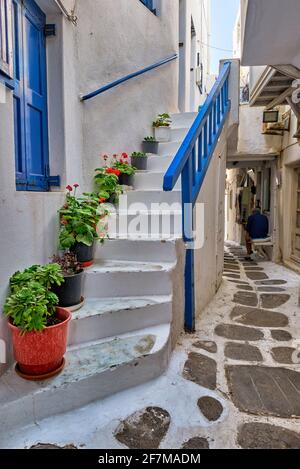 Greek Mykonos street on Mykonos island, Greece Stock Photo