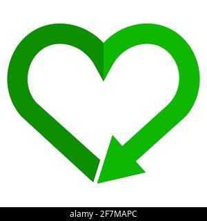 Recycling symbol in heart shape, reload sign, love earth color icon. Recycle heart flat isolated icon for web. Flat style. Vector illustration Stock Vector