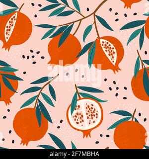 Pomegranate leaf seamless pattern. Red garnet seamless pattern vector illustration. Vector illustration of pomegranate fruit. Garnet vector Stock Vector