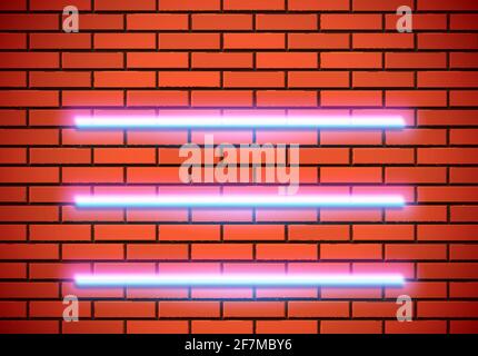 Neon shelves on the red brick wall. Classic 80s styled shiny glowing ...