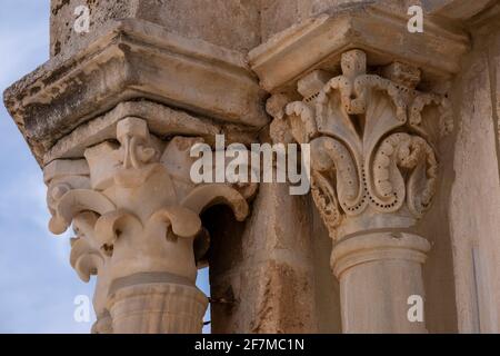 Column capitals in Frankish style of Dome of the Ascension Qubbat al-Miraj or Mieradj built by Crusaders that stands just north of the Dome of the Rock mosque in the Temple Mount known to Muslims as the Haram esh-Sharif in the Old City East Jerusalem Israel Stock Photo