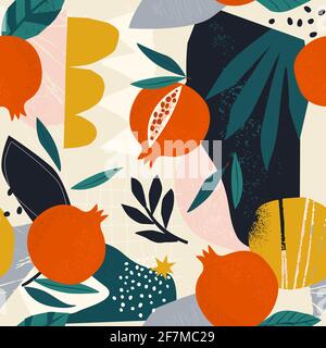Collage contemporary floral seamless pattern. Modern exotic jungle fruits pomegranate various doodle shapes, spots, drops, and plants illustration vec Stock Vector