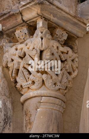 Column capitals in Frankish style of Dome of the Ascension Qubbat al-Miraj or Mieradj built by Crusaders that stands just north of the Dome of the Rock mosque in the Temple Mount known to Muslims as the Haram esh-Sharif in the Old City East Jerusalem Israel Stock Photo