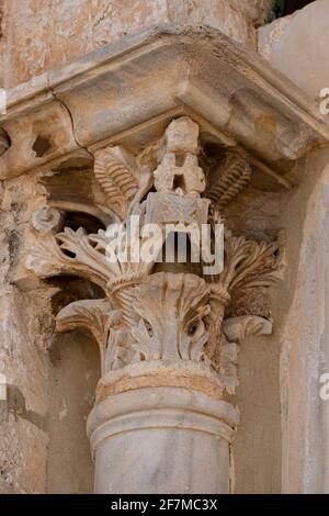 Column capitals in Frankish style of Dome of the Ascension Qubbat al-Miraj or Mieradj built by Crusaders that stands just north of the Dome of the Rock mosque in the Temple Mount known to Muslims as the Haram esh-Sharif in the Old City East Jerusalem Israel Stock Photo