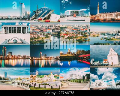 Minsk, Belarus. Set Collage With Many Local Famous Landmarks In Belarusian Capital. Old Town, Center etc. Famous Architecture Landmark. Travel Sight Stock Photo