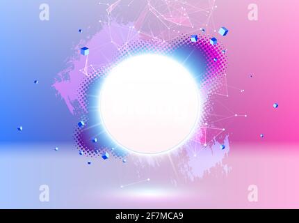 Abstract pink and blue vaporwave styled background with shiny neon frame, brush stroke, halftone blot and triangular dotted grid. Stock Vector