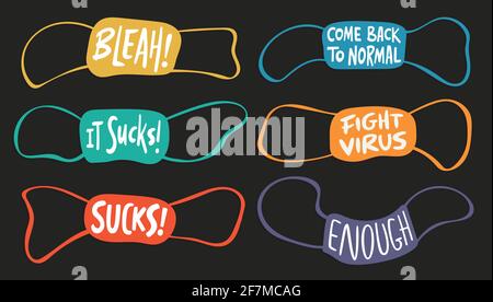 Set of masks in different colors with hand lettering details. Coronavirus covid19. Calligraphy handwriting. Multi colored. Vector print illustration Stock Vector