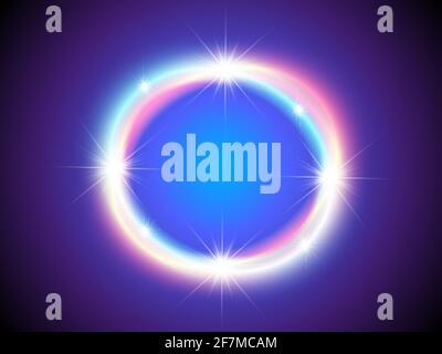 Shiny neon frame with sparkles and colorful glow on dark blue background. Round frame with flares. Circle shape. Stock Vector