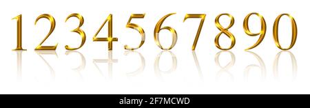 Golden numbers, from one to zero over white. Ten gold colored, metallic shimmering and three-dimensional numerals with reflections. Stock Photo