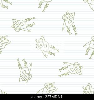 Cute crayon robot scribble kid doodle background. Hand drawn earthy whimsical motif seamless pattern. Naive mechanical character cartoon for minimal Stock Vector