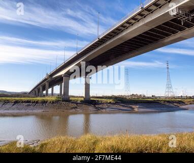 Avonmouth Bridge speeding traffic on the eight lane M5 motorway over the River Avon to  the West Country UK Stock Photo