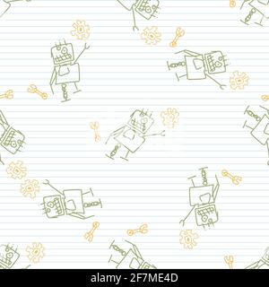 Cute crayon robot scribble kid doodle background. Hand drawn earthy whimsical motif seamless pattern. Naive mechanical character cartoon for minimal Stock Vector