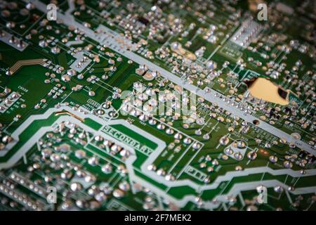 Circuit board. Electronic computer hardware technology. Motherboard digital chip. Tech science background. Integrated communication processor. Stock Photo