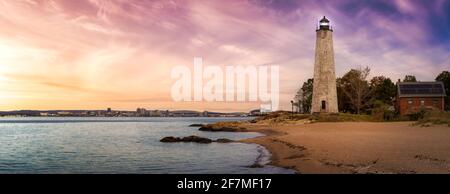 Panoramic view on a lighthouse on the Atlantic Ocean Coast. Stock Photo