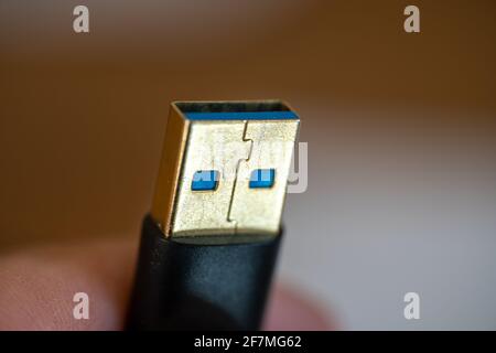 Close up of a USB connection cord side view (macrophotography) for computer connectivity concepts. Stock Photo
