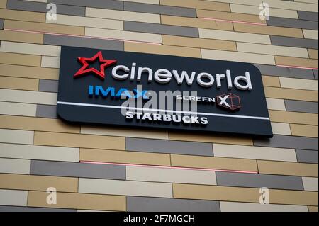 Watford, UK.  8 April 2021. Signage for the Cineworld cinema complex in Atria Watford shopping centre (formerly Intu Watford) in Watford High Street, Hertfordshire.  The company recently announced an annual loss of £2.2bn and there are concerns about its future as the business saw an 80% drop in revenues due to the ongoing coronavirus pandemic.  Whilst non-essential shops will re-open on 12 April in accordance with the UK government’s roadmap, cinemas will re-open on 17 May.  Credit: Stephen Chung / Alamy Live News Stock Photo