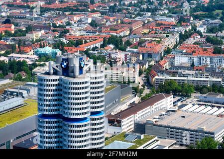 Munich, Germany, 08/24/2019: Aerial view of Munich with the BMW headquarters from the 291 m high Olympic tower (Olympiaturm). Stock Photo