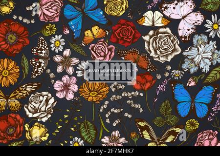 Floral design on dark background with shepherd's purse, heather, iris japonica, sakura, gypsophila, chamomile, almond, poppy flower, calendula Stock Vector