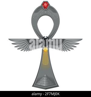 Vector design of threaded cross, symbol of ancient Egypt decorated ankh, eye of horus, winged scarabs, egyptian pyramid. Stock Vector