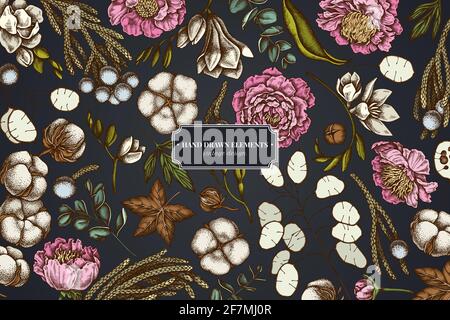 Floral design on dark background with ficus, eucalyptus, peony, cotton, freesia, brunia Stock Vector
