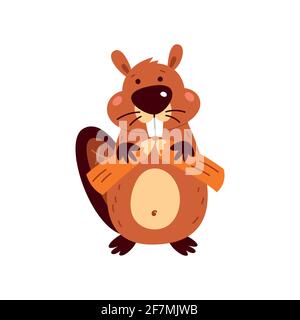 Funny cartoon beaver on a white background. Vector illustration. Stock Vector